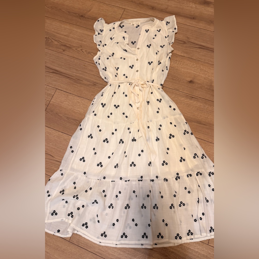 Fig and Flower Cream Midi Dress with Black Floral Pattern